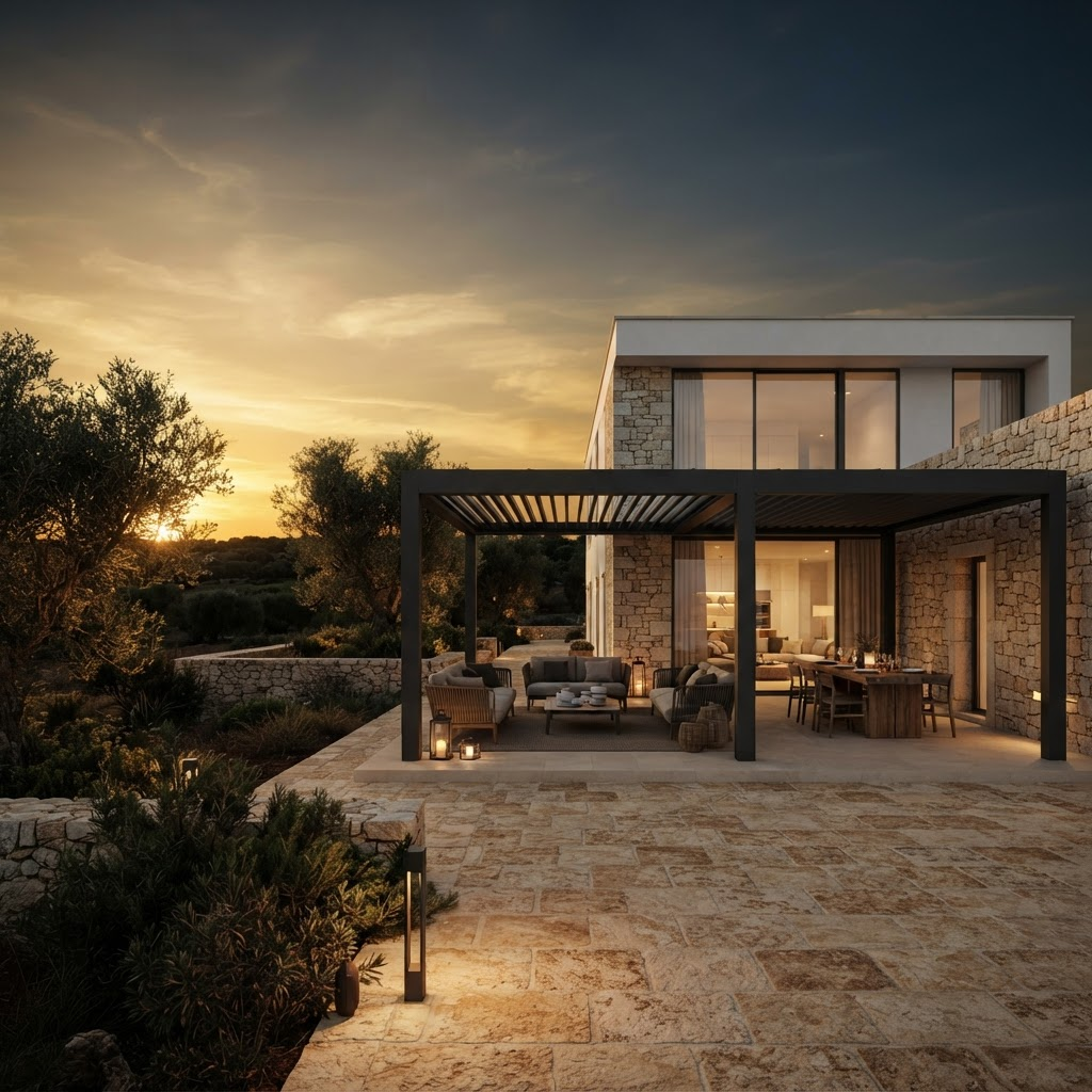 Pergola bioclimatica Soltec in una villa contemporanea